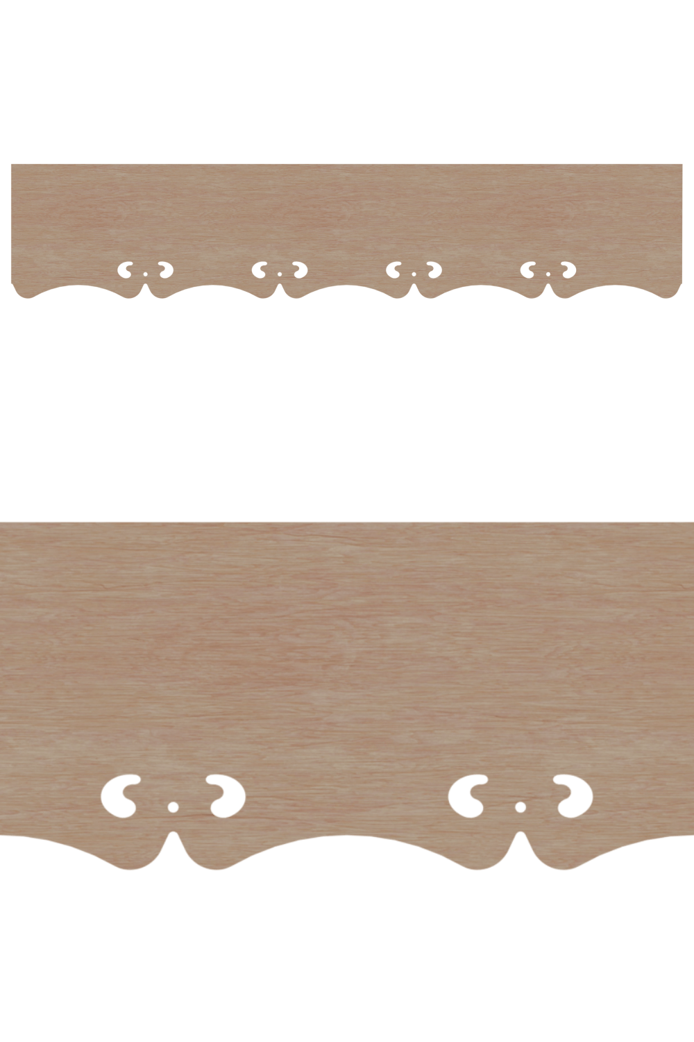Détail du lambrequin Breville en bois, motif décoratif pour extérieur de fenêtre, vue rapprochée sur la frise 70mm découpée, ORNABAT