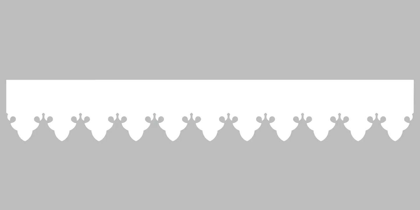 Bandeau du lambrequin Bagneres blanc en alu, motif décoratif pour bord de toit et fenêtre, vue rapprochée sur la frise 85mm découpée, ORNABAT