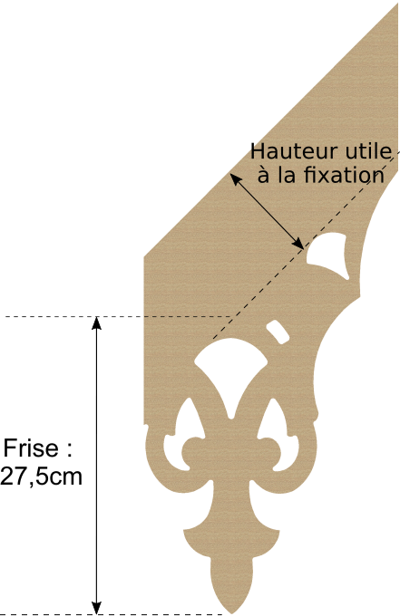 Schéma échantillon lambrequin rampant Merville, indiquant la dimension de la frise 275 mm et la dimension variable, ORNABAT
