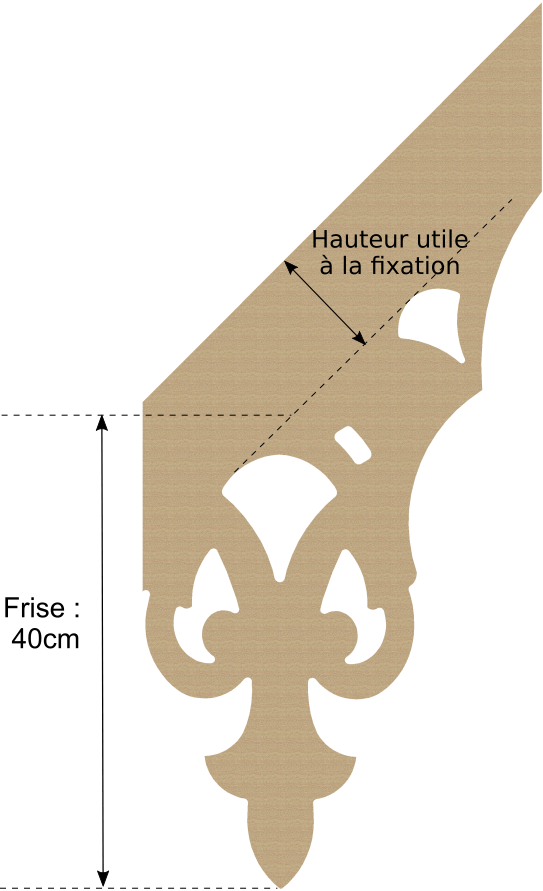 Schéma échantillon lambrequin rampant Merville, indiquant la dimension de la frise 400 mm et la dimension variable, ORNABAT