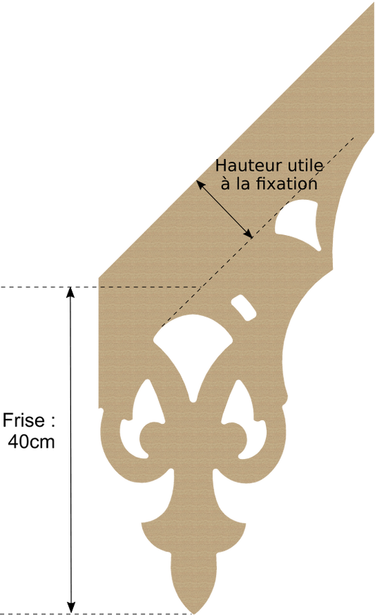 Schéma échantillon lambrequin rampant Merville, indiquant la dimension de la frise 400 mm et la dimension variable, ORNABAT