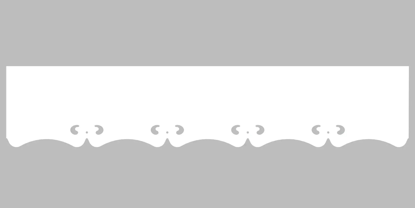 Bandeau du lambrequin Breville blanc en alu, motif décoratif pour extérieur de fenêtre, vue rapprochée sur le décor 70mm découpé, ORNABAT