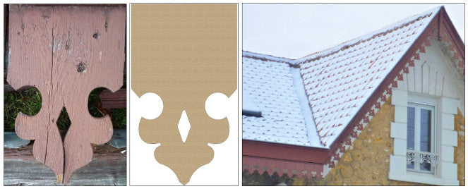 Reproduction lambrequin de façade, feston ancien en bois et résultat motif sur toiture, ORNABAT
