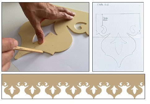 Reproduction lambrequin de façade, tracé contours sur papier motif ancien et résultat en bandeau, ORNABAT
