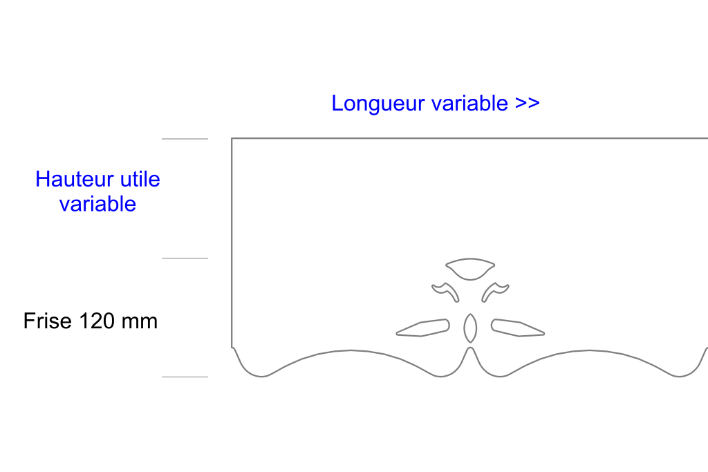 Schéma lambrequin de fenêtre Aix, frise 120 mm, indiquant les dimensions variables, marque ORNABAT