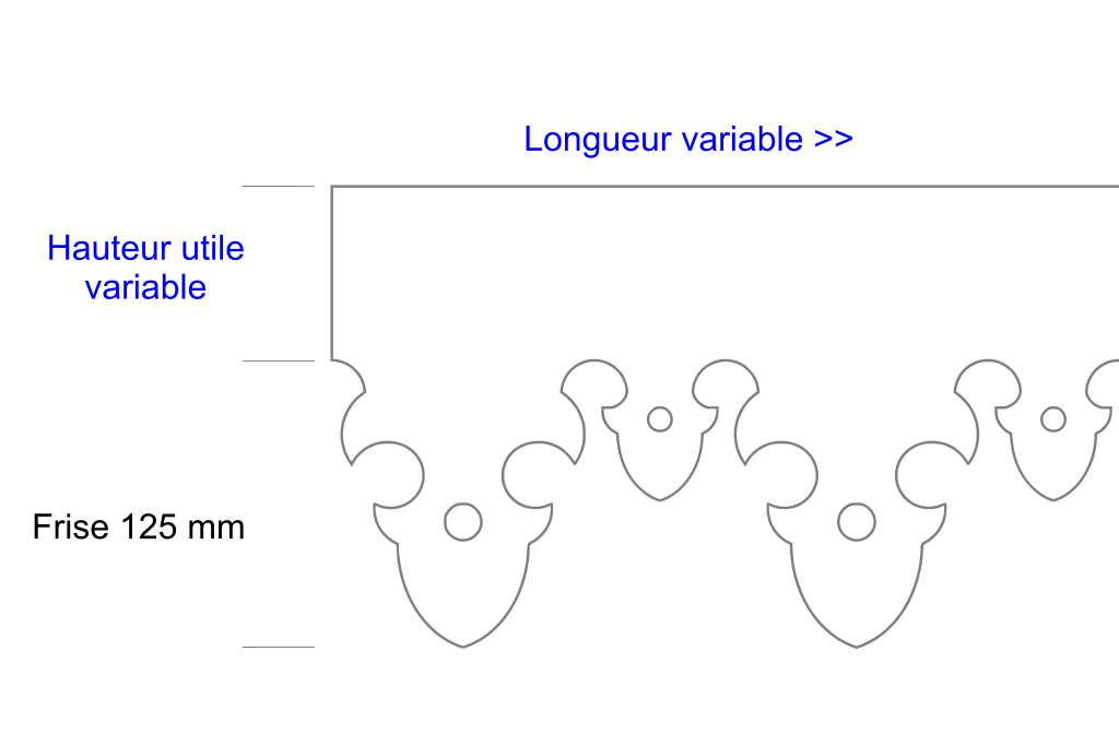 Schéma lambrequin de toit Argeles, frise 125 mm, indiquant les dimensions variables, marque ORNABAT