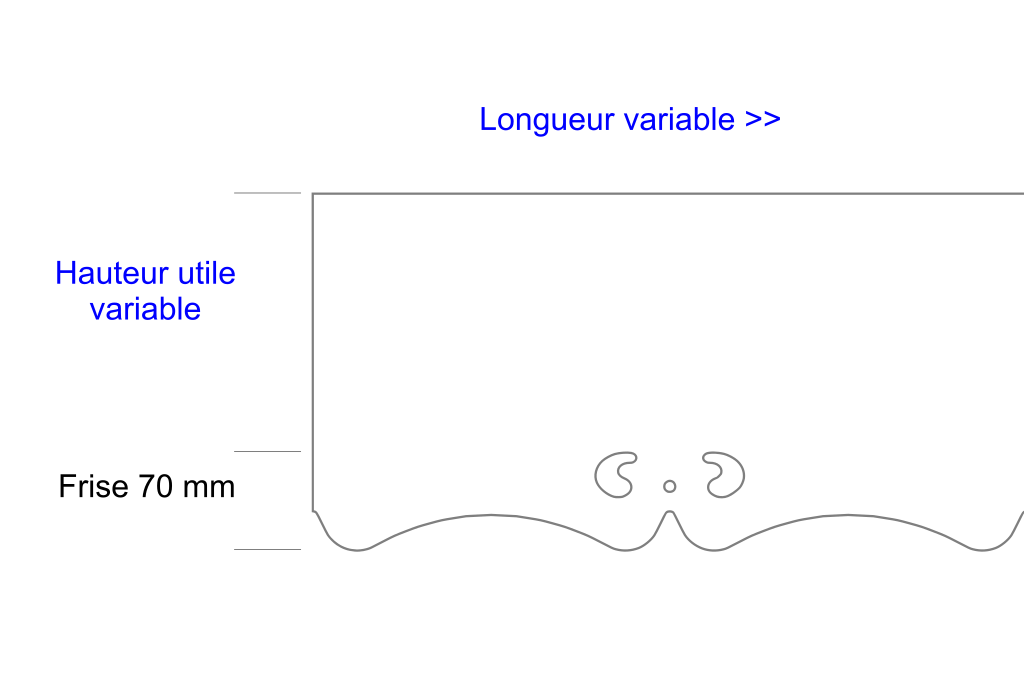 Schéma lambrequin extérieur de fenêtre Breville, frise 70 mm, indiquant les dimensions variables, marque ORNABAT