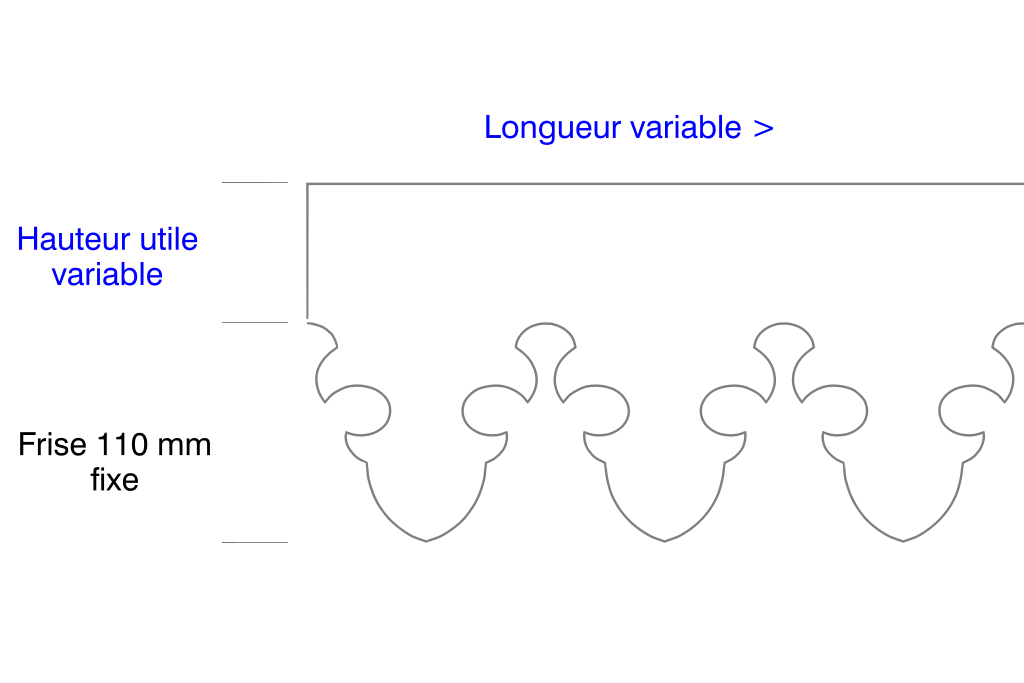 Schéma lambrequin de façade Cauterets, frise 110 mm, indiquant les dimensions variables, marque ORNABAT
