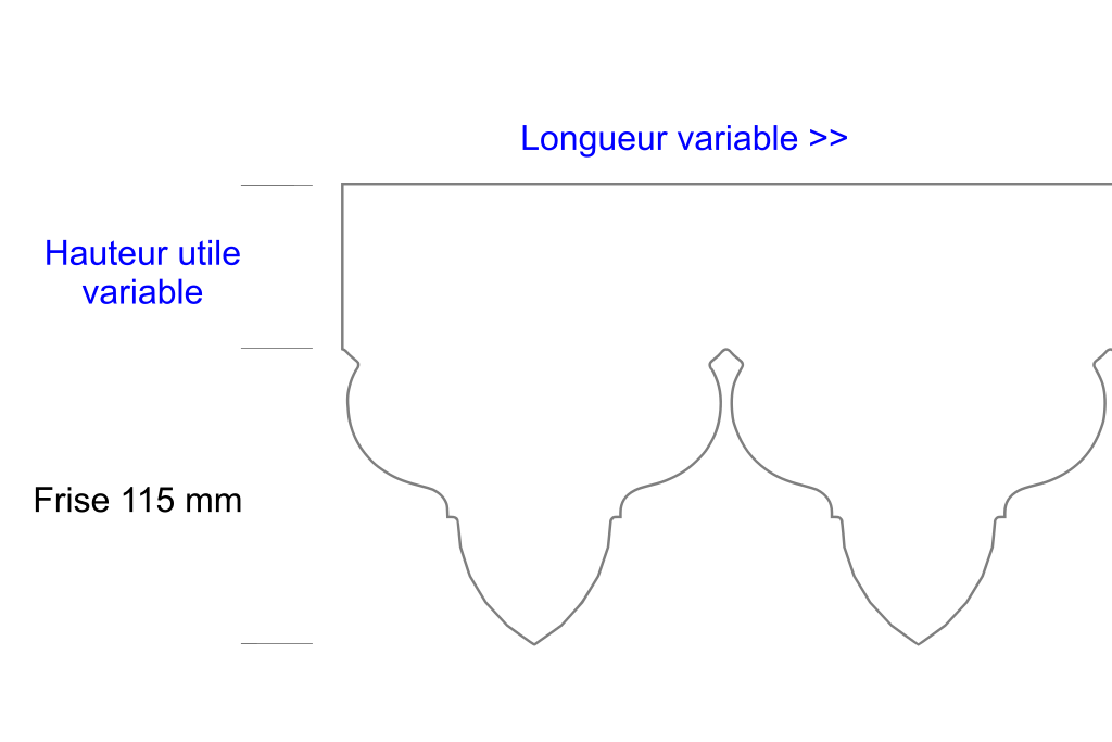 Schéma lambrequin de façade Frejus, frise 115 mm, indiquant les dimensions variables, marque ORNABAT