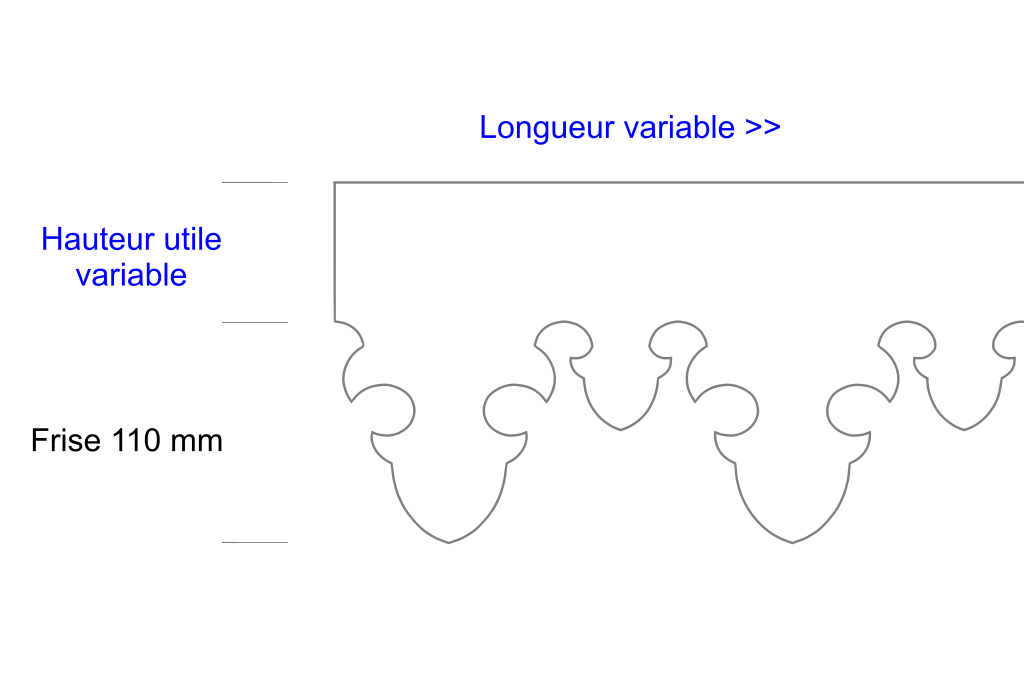 Schéma lambrequin de toit Gavarnie, frise 110 mm, indiquant les dimensions variables, marque ORNABAT
