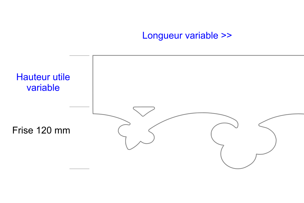 Schéma lambrequin de toit Les-Dalles, frise 120 mm, indiquant les dimensions variables, marque ORNABAT