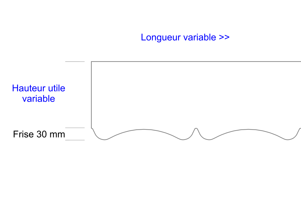 Schéma lambrequin de façade Mimizan, frise 30 mm, indiquant les dimensions variables, marque ORNABAT
