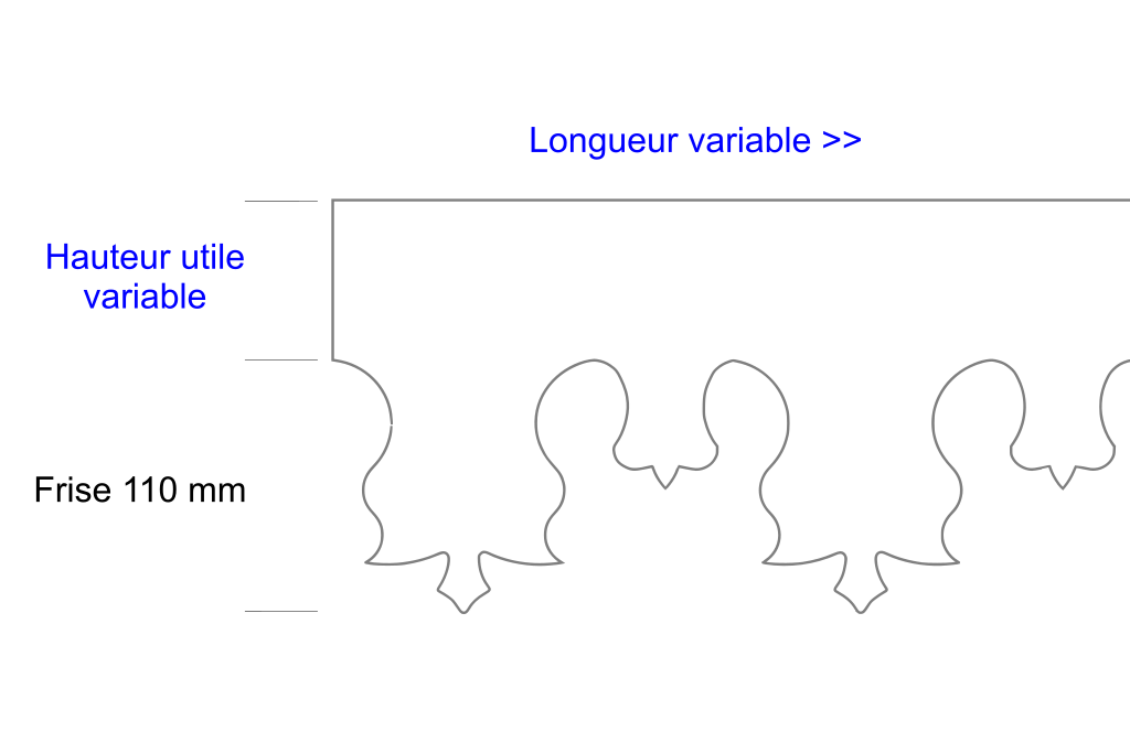 Schéma lambrequin de toit Nice, frise 110 mm, indiquant les dimensions variables, marque ORNABAT