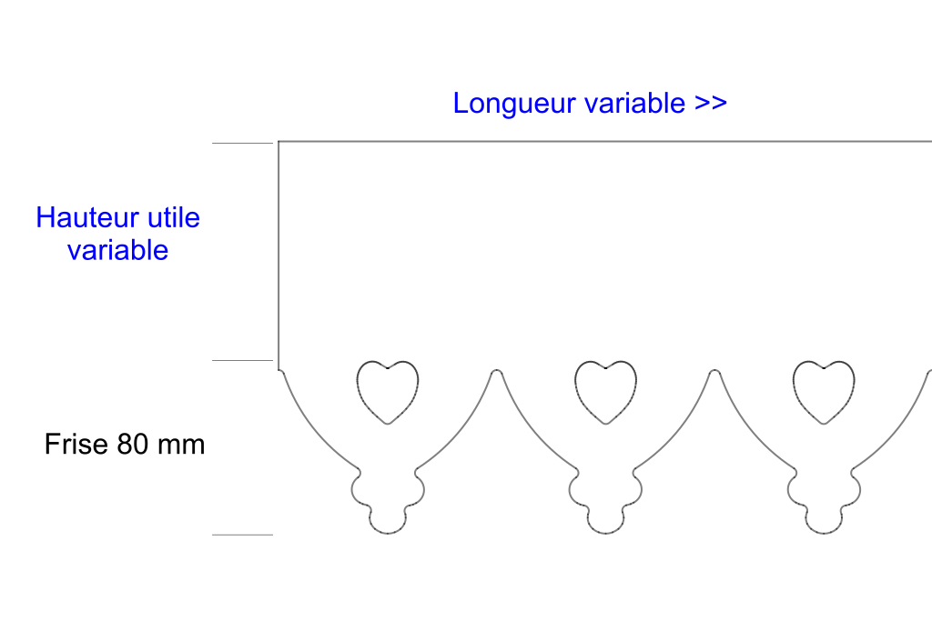 Schéma lambrequin de façade Romans, frise 80 mm, indiquant les dimensions variables, marque ORNABAT
