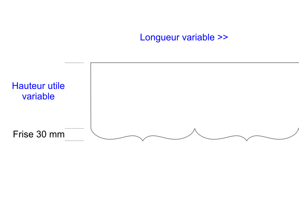 Schéma lambrequin de façade Seignosse, frise 30 mm, indiquant les dimensions variables, marque ORNABAT