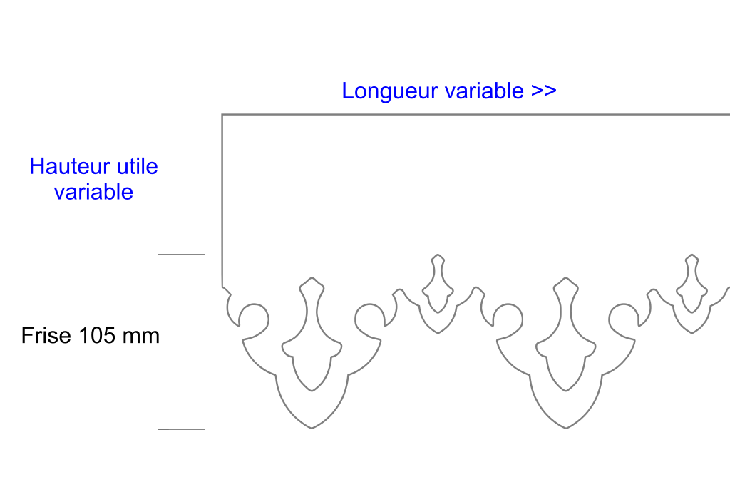 Schéma lambrequin de toit Tarbes, frise 105 mm, indiquant les dimensions variables, marque ORNABAT