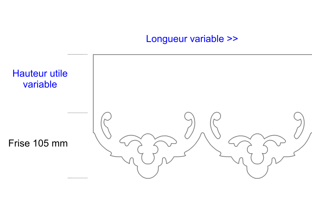 Schéma lambrequin de façade Vannes, frise 105 mm, indiquant les dimensions variables, marque ORNABAT