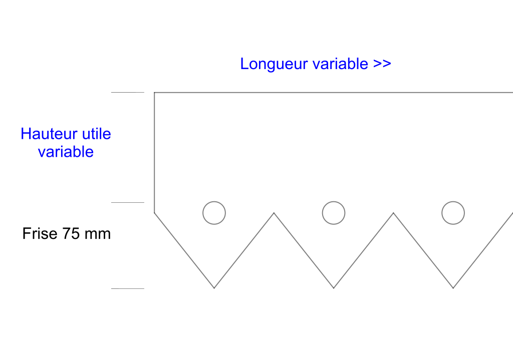 Schéma lambrequin de façade Voiron, frise 75 mm, indiquant les dimensions variables, marque ORNABAT