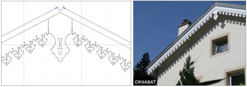 Reproduction lambrequin de façade, dessin vectoriel et résultat sur pignon de maison, ORNABAT
